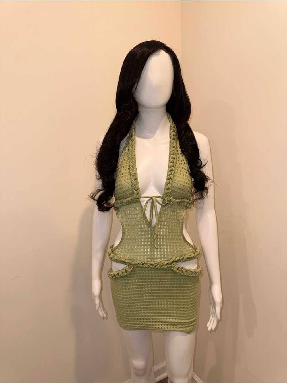 Outcast  Braided Halter Cutout Mini Dress - Sage Green